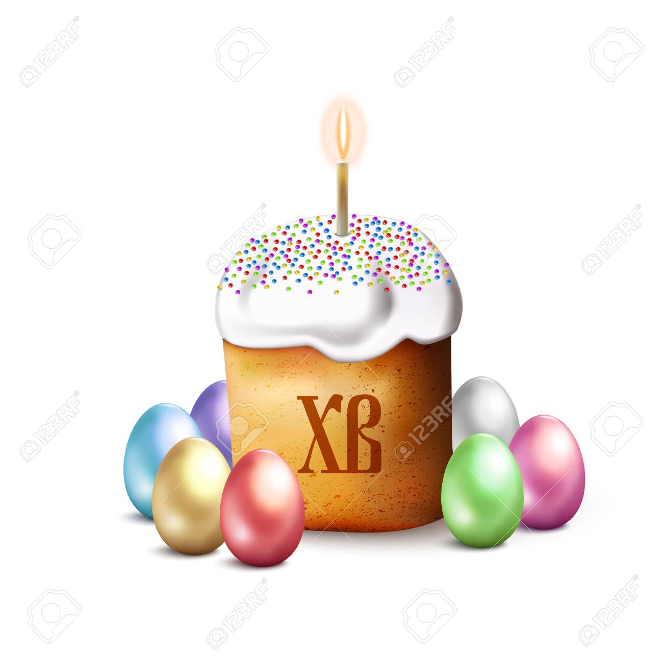 Gateau De Paques Russe Avec Bougie Et Oeufs Colores Isole Sur Fond