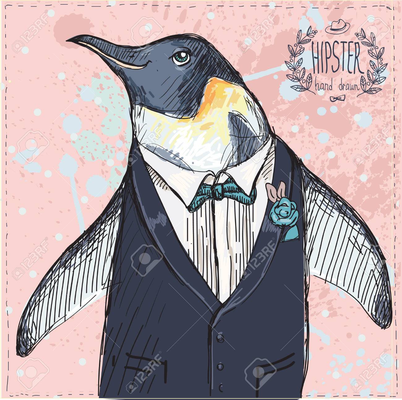 Vector Illustration of two Funny Penguins dressed in Retro Style Isolated on geometric background - 25126193 Vector Illustration of two Funny Penguins dressed in Retro Style Isolated on geometric background - 25126193