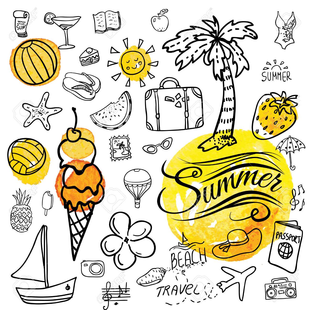 set of pretty vector doodle summer icons royalty free cliparts