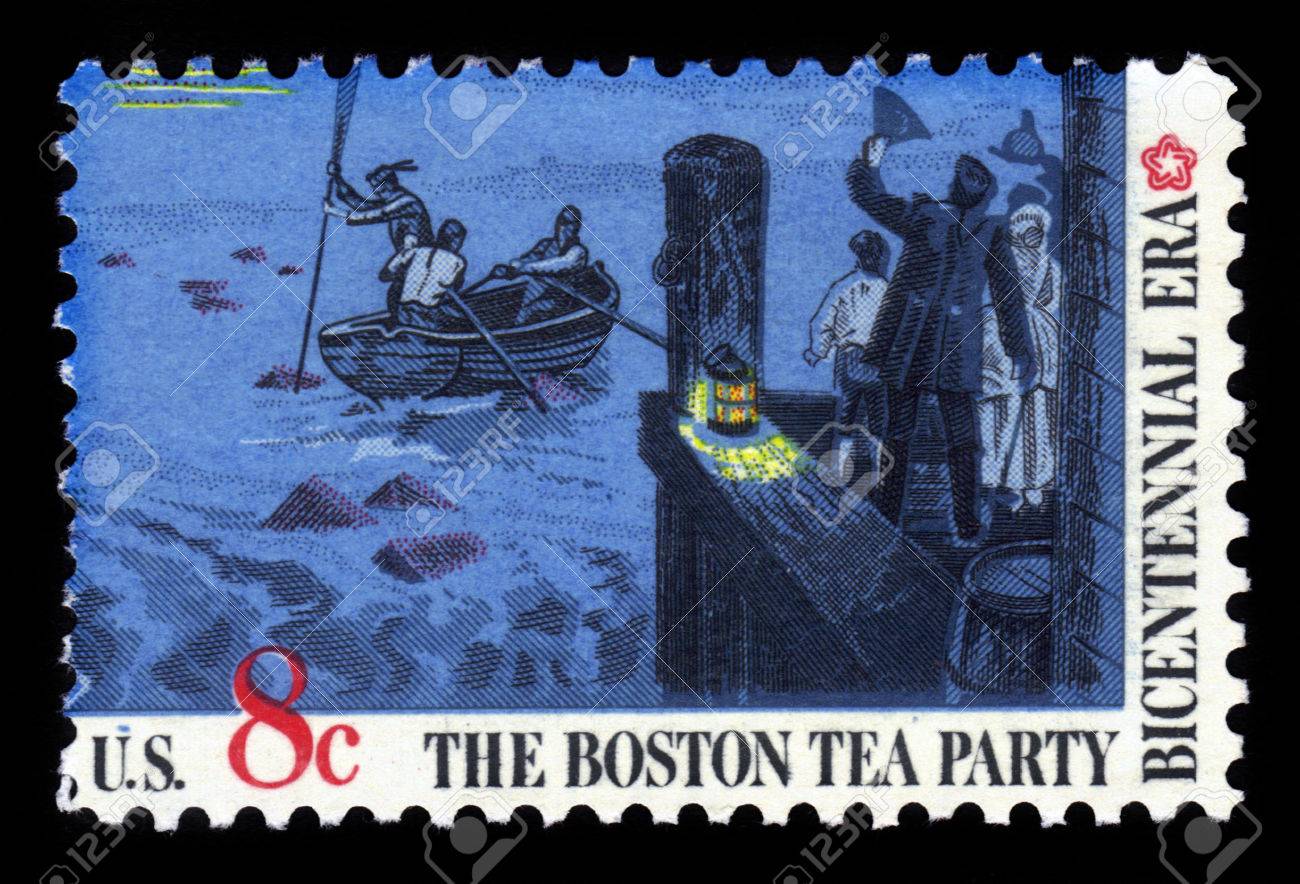 Estados Unidos Circa 1973 Unos Sellos Impresos En Eeuu Muestran Un La Fiesta Del Té De Boston Era Una Protesta Política No Violenta Por Los Hijos - 