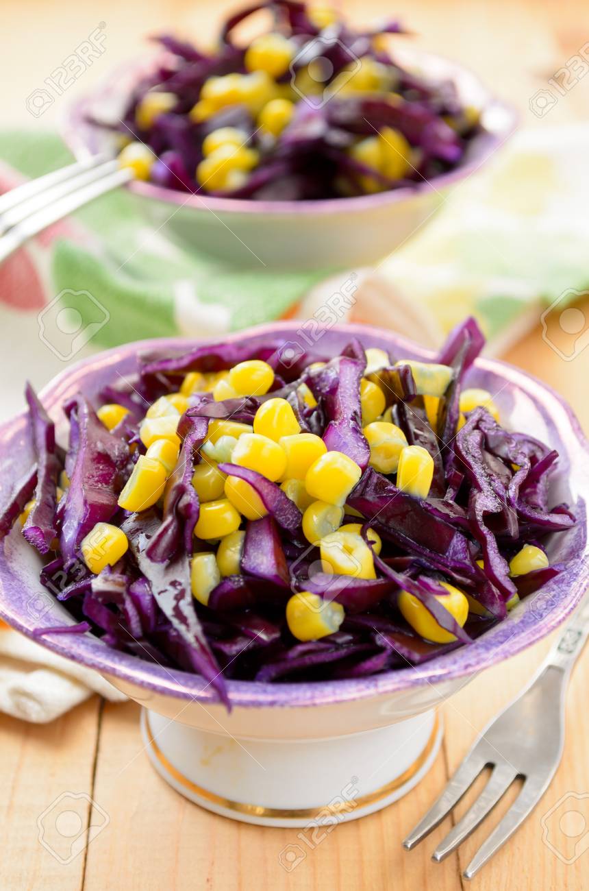 Red Cabbage Salad With Sweet Corn On Wooden Table Stock Photo Picture And Royalty Free Image Image 46907345
