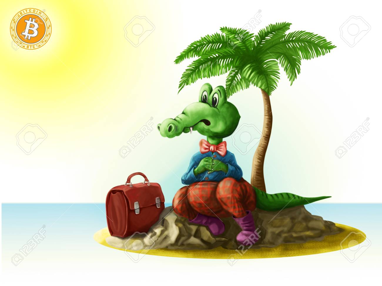 휴일에 악어는 비트 코인을 잊어 버렸습니다. 로열티 무료 사진, 그림, 이미지 그리고 스톡포토그래피. Image 97994083
