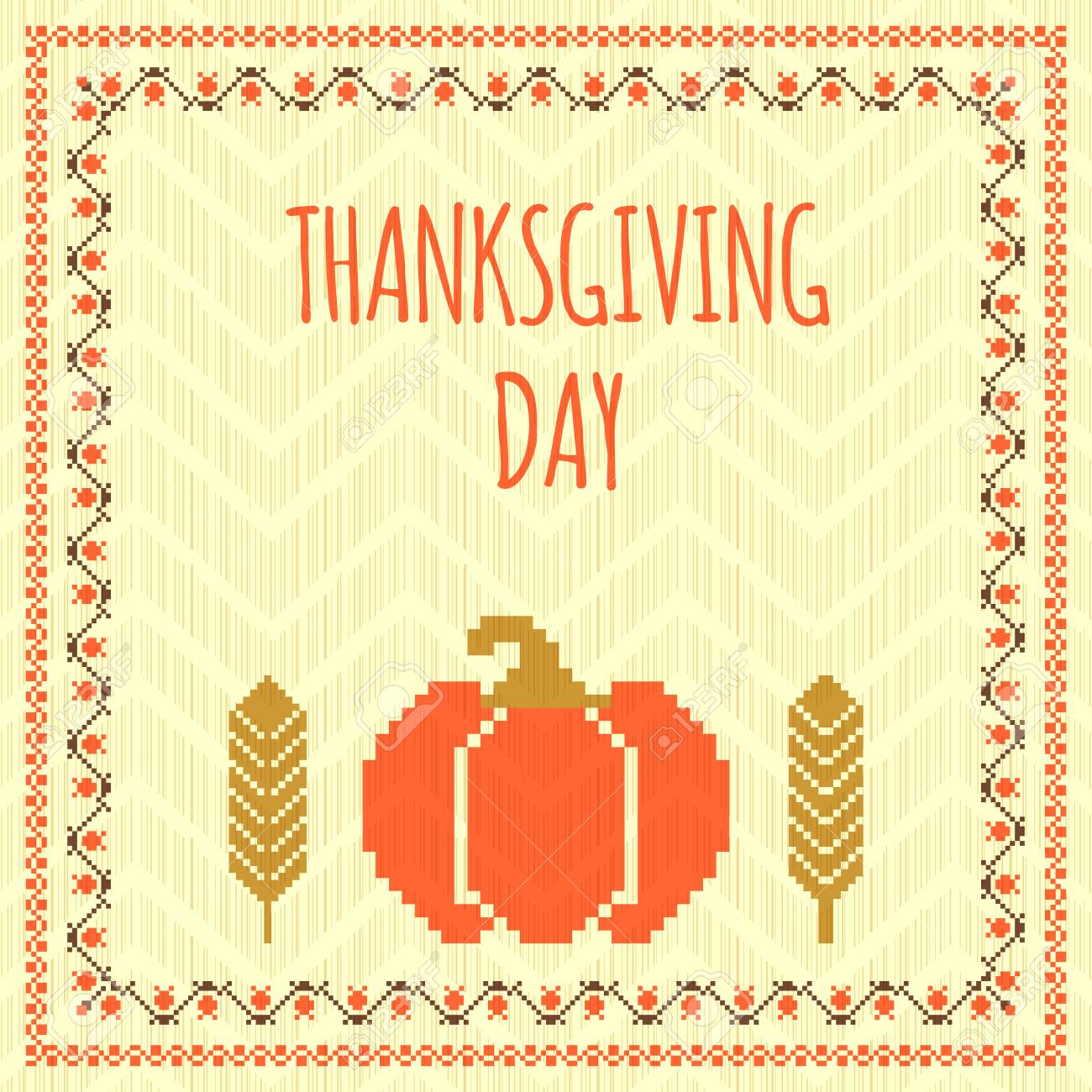 retro embroidered thanksgiving card template with pumpkin and