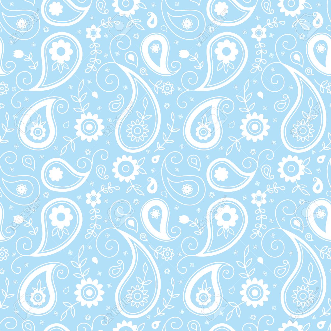 Light Blue Ethnic Background Paisley And Flowers Seamless Pattern