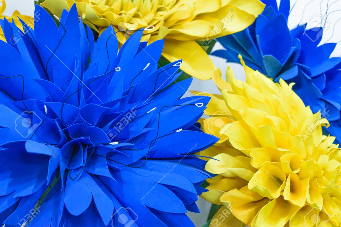 large giant paper flowers big blue and yellow dahlias made from big flower paper