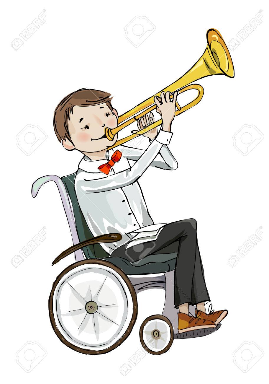 音楽のレッスンでトランペットを演奏する車椅子の少年 教育コンセプト の写真素材 画像素材 Image