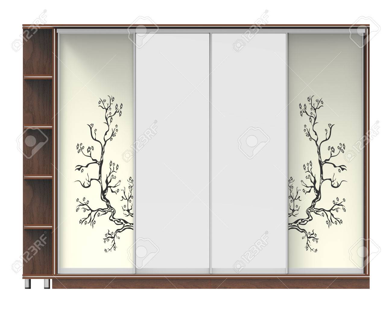 3d Render Of Wooden Wardrobe With Sliding Doors