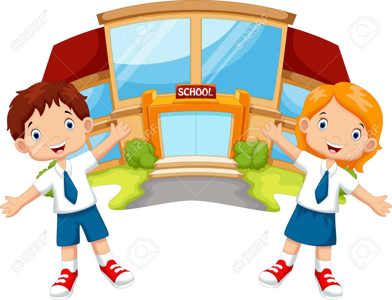 School children in front of the school building - 44628688 School children in front of the school building - 44628688