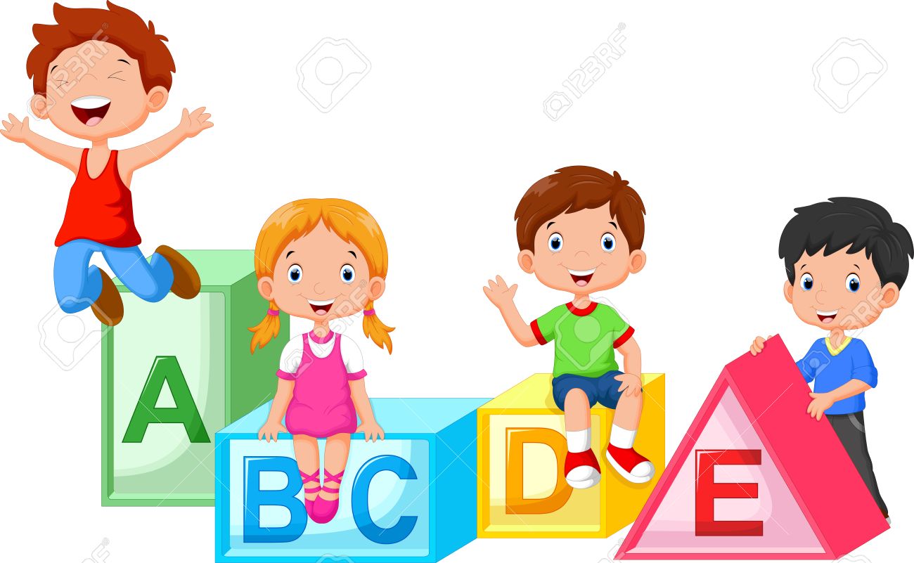 Happy school children playing with alphabet blocks - 47538194 Happy school children playing with alphabet blocks - 47538194