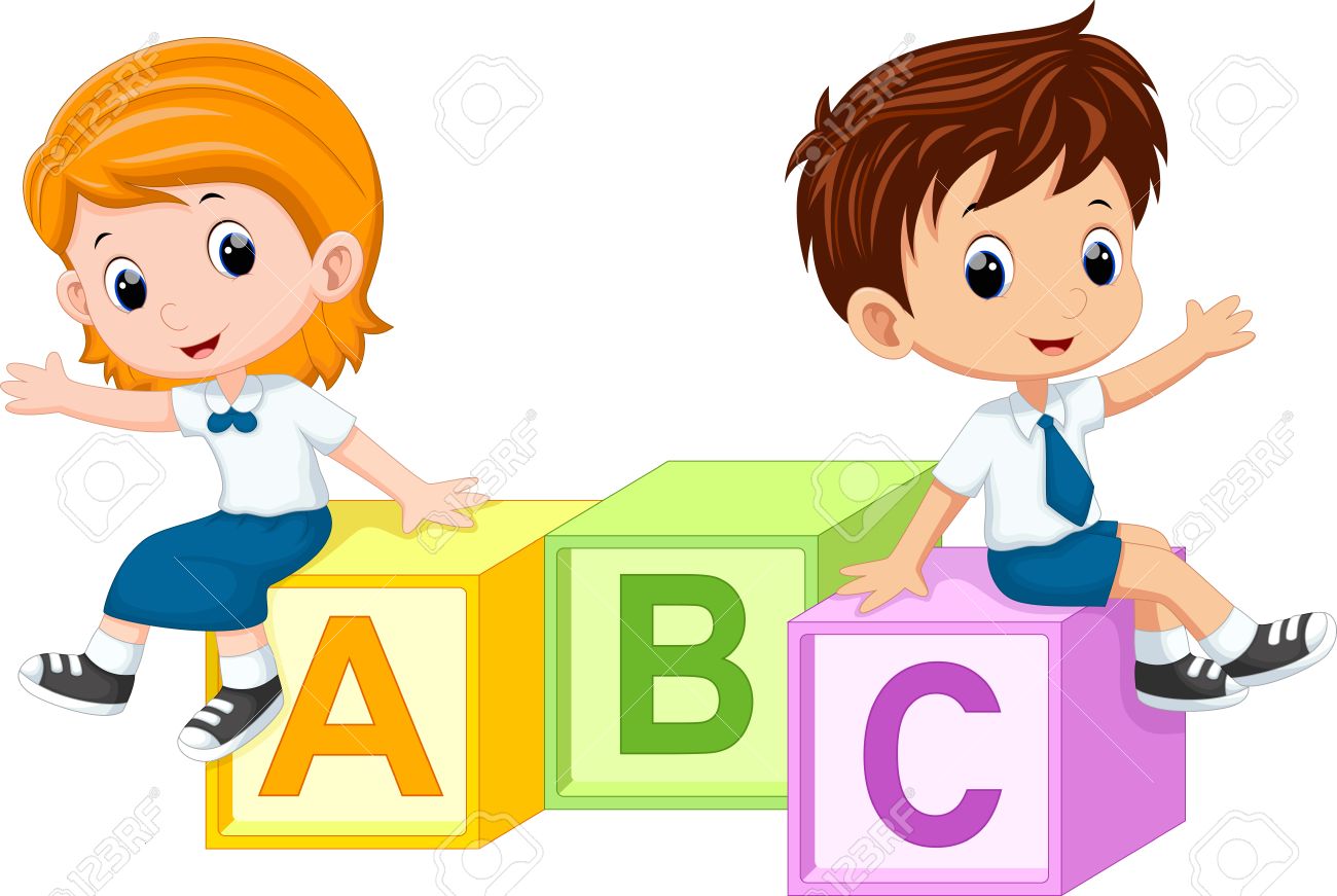 Two students sitting on the alphabet blocks - 47538203 Two students sitting on the alphabet blocks - 47538203