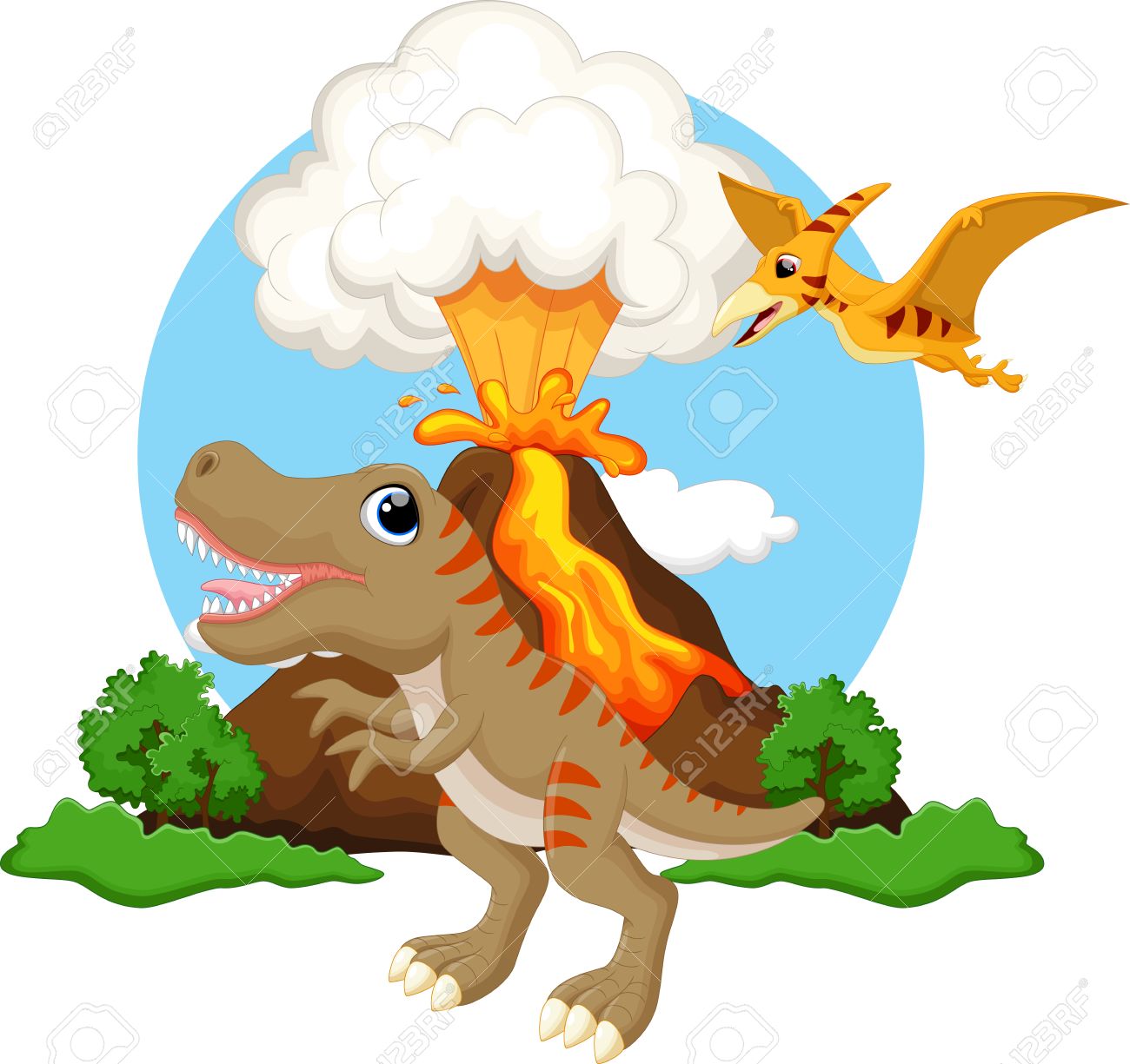 火山の背景を持つかわいいティラノサウルスとテロダクティル漫画のイラスト素材 ベクタ Image 火山の背景を持つかわいいティラノサウルスとテロダクティル漫画のイラスト素材 ベクタ Image