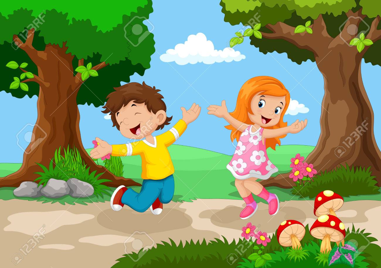 Boys and girls jumping for joy in a beautiful garden - 56064791 Boys and girls jumping for joy in a beautiful garden - 56064791