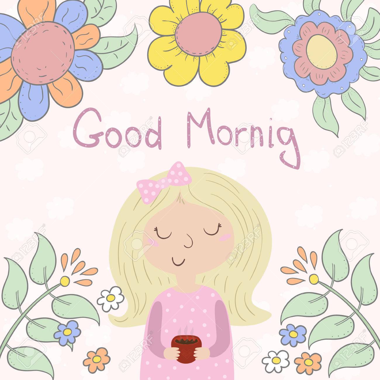 Good Morning Card With Cute Young Girl, Cup And . Vector ...