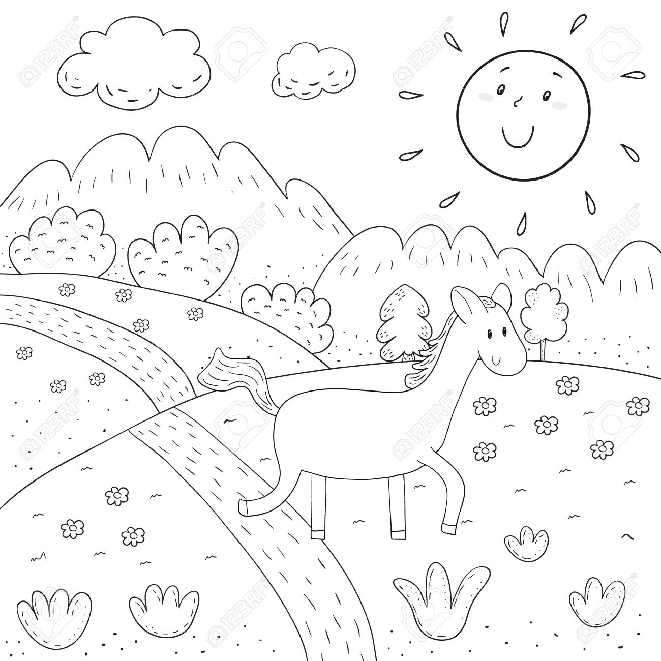 Coloring Book Horse, Sunny Meadow, Mountains, Trees Design For ... Coloring Book Horse, Sunny Meadow, Mountains, Trees Design For ...
