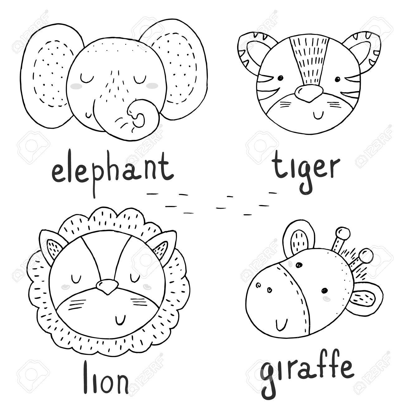 Black And White Vector Sketch Of A Cute Animals. Vector ...