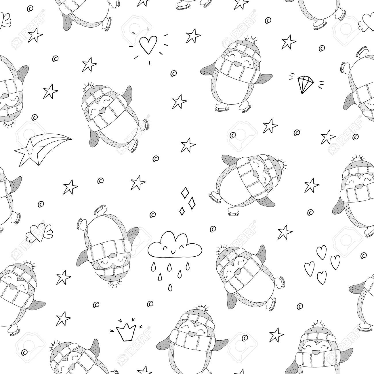 かわいいペンギンとのシームレスなパターン 手描きのイラスト ベクトル のイラスト素材 ベクタ Image かわいいペンギンとのシームレスなパターン 手描きのイラスト ベクトル のイラスト素材 ベクタ Image