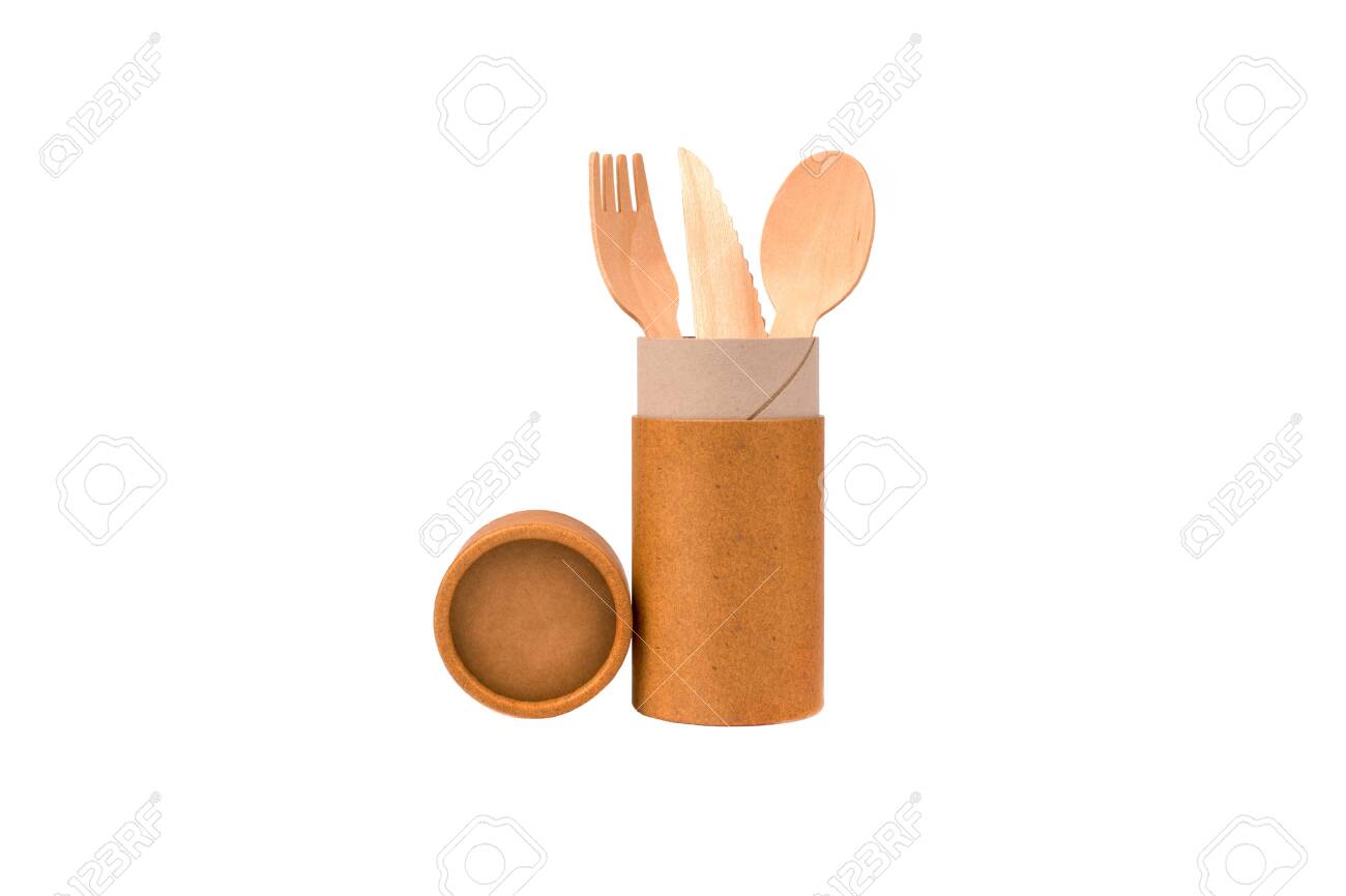 Download Paper Tube With Paper Cap And Wooden Cutlery Set Inside Cardboard Container For Packaging Isolated On White Background With Copyspace Mockup Reusable Packaging Concept Stock Photo Picture And Royalty Free Image Image