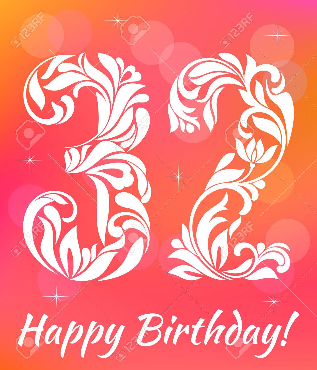 Modele De Carte De Voeux Lumineux Anniversaire De 32 Ans Police Decorative Avec Des Tourbillons Et Des Elements Floraux Clip Art Libres De Droits Vecteurs Et Illustration Image