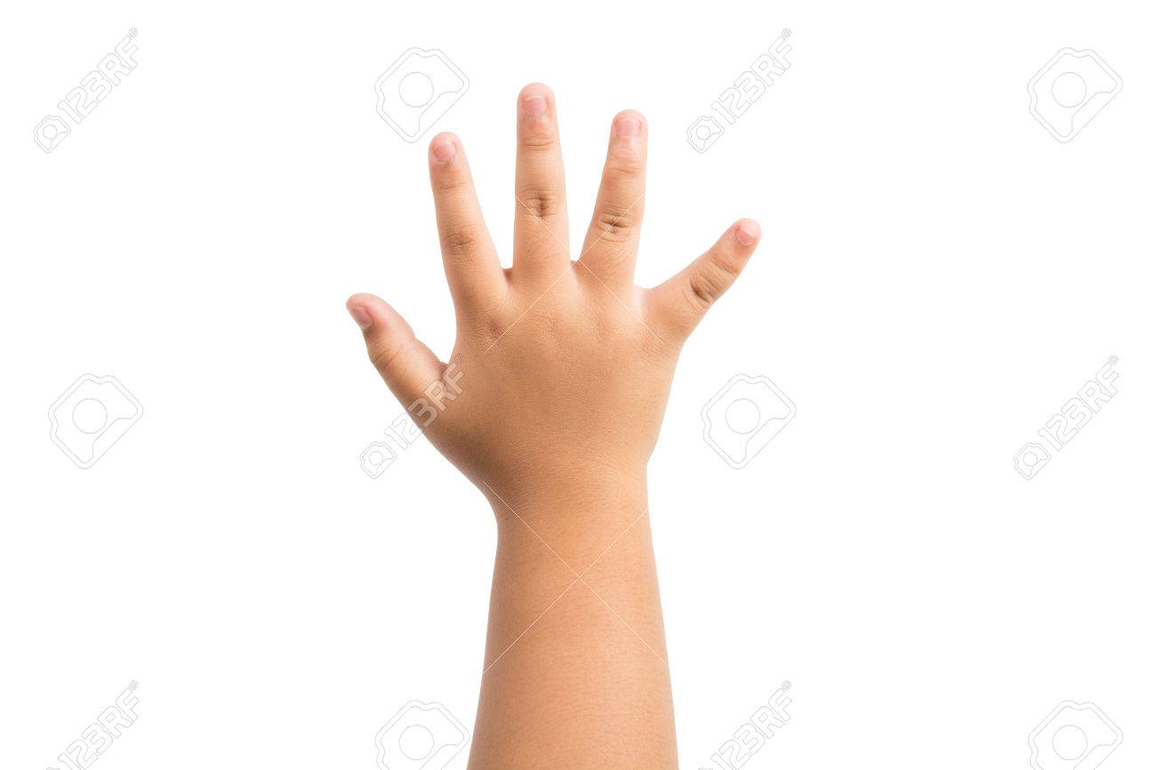 children hand is mean to say hi five hand up isolated on white