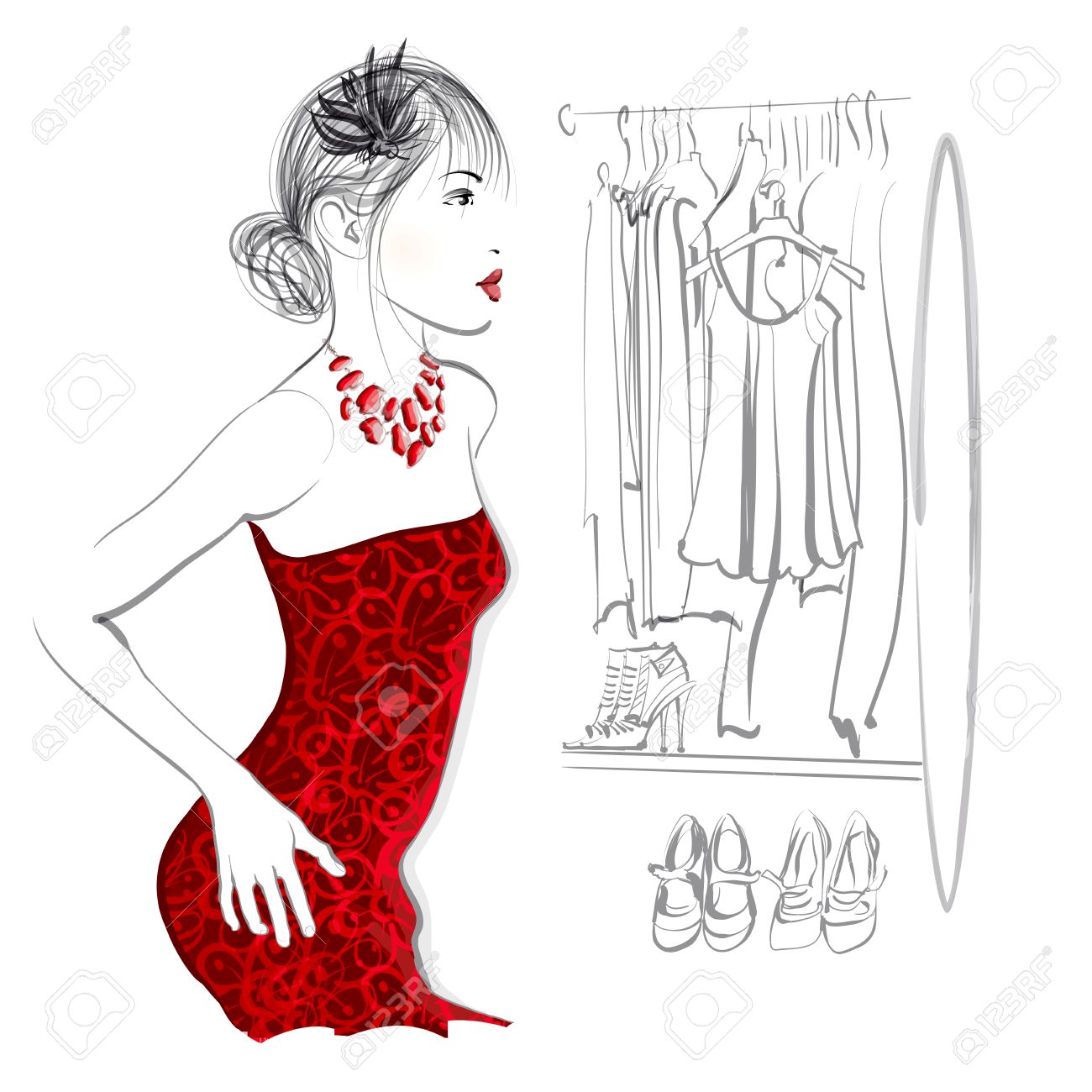 Young Woman Trying Red Dress Looking In Mirror Standing In Clothes Store Or In A Dressing Vector Illustration Royalty Free Svg Cliparts Vectors And Stock Illustration Image