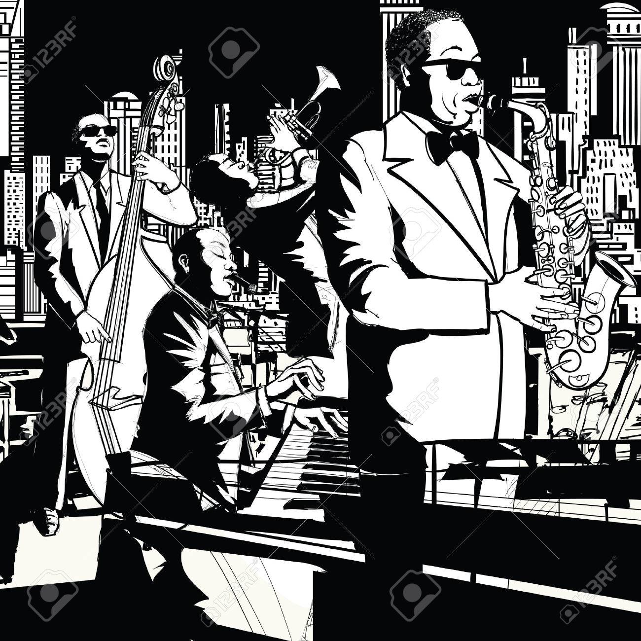 ニューヨーク コントラバス サックス トランペットとキーボード ベクトル図にジャズ バンドのイラスト素材 ベクタ Image