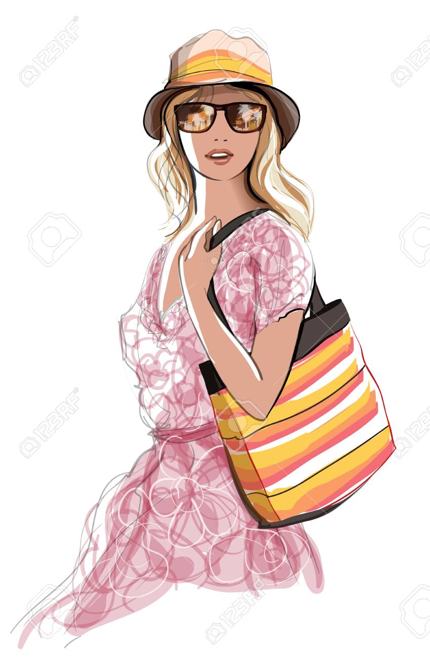 ベクトル イラスト ビーチに行く若いきれいな女性のイラスト素材 ベクタ Image