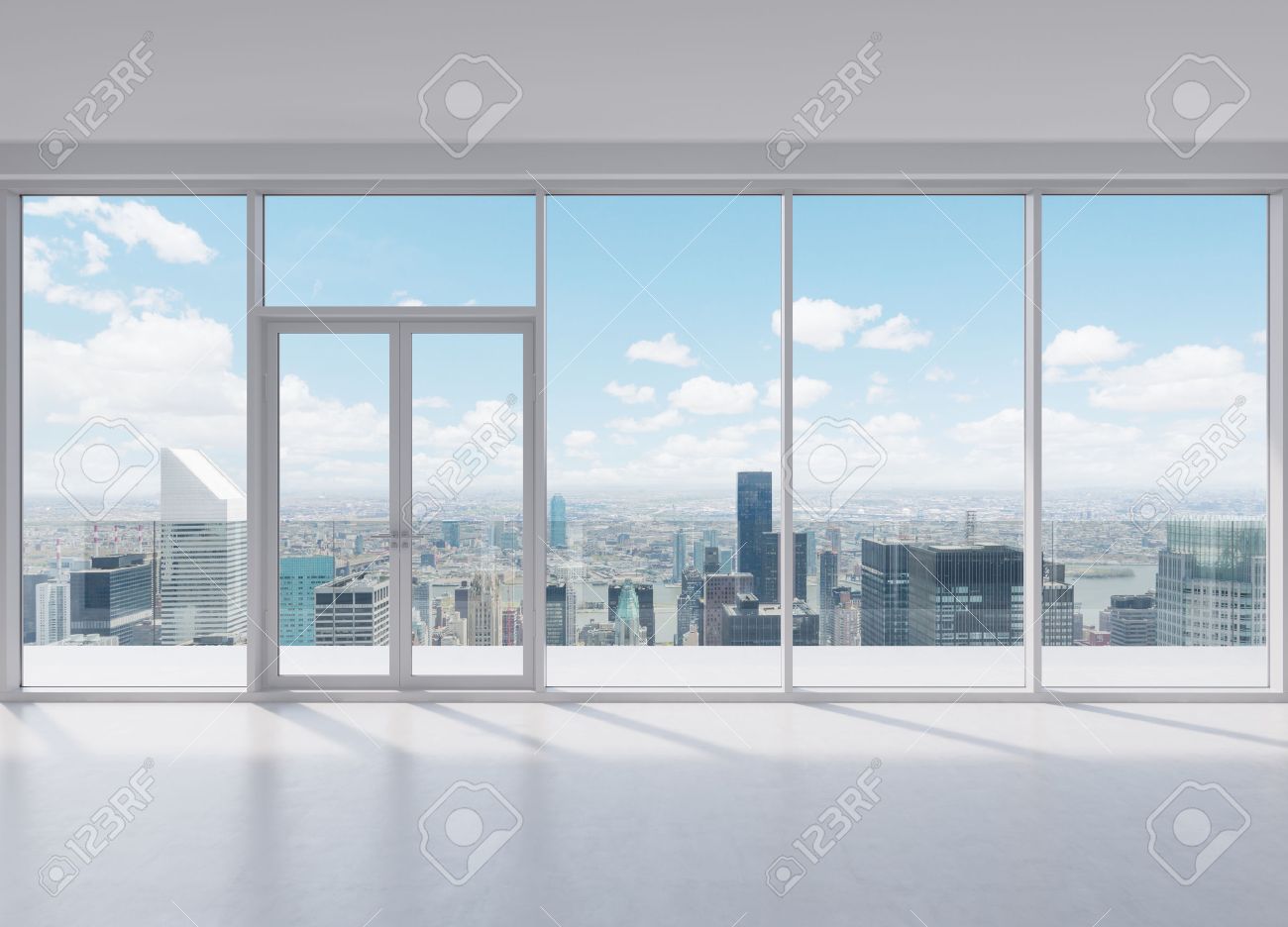 modern office with big window with view to skyscraper window office