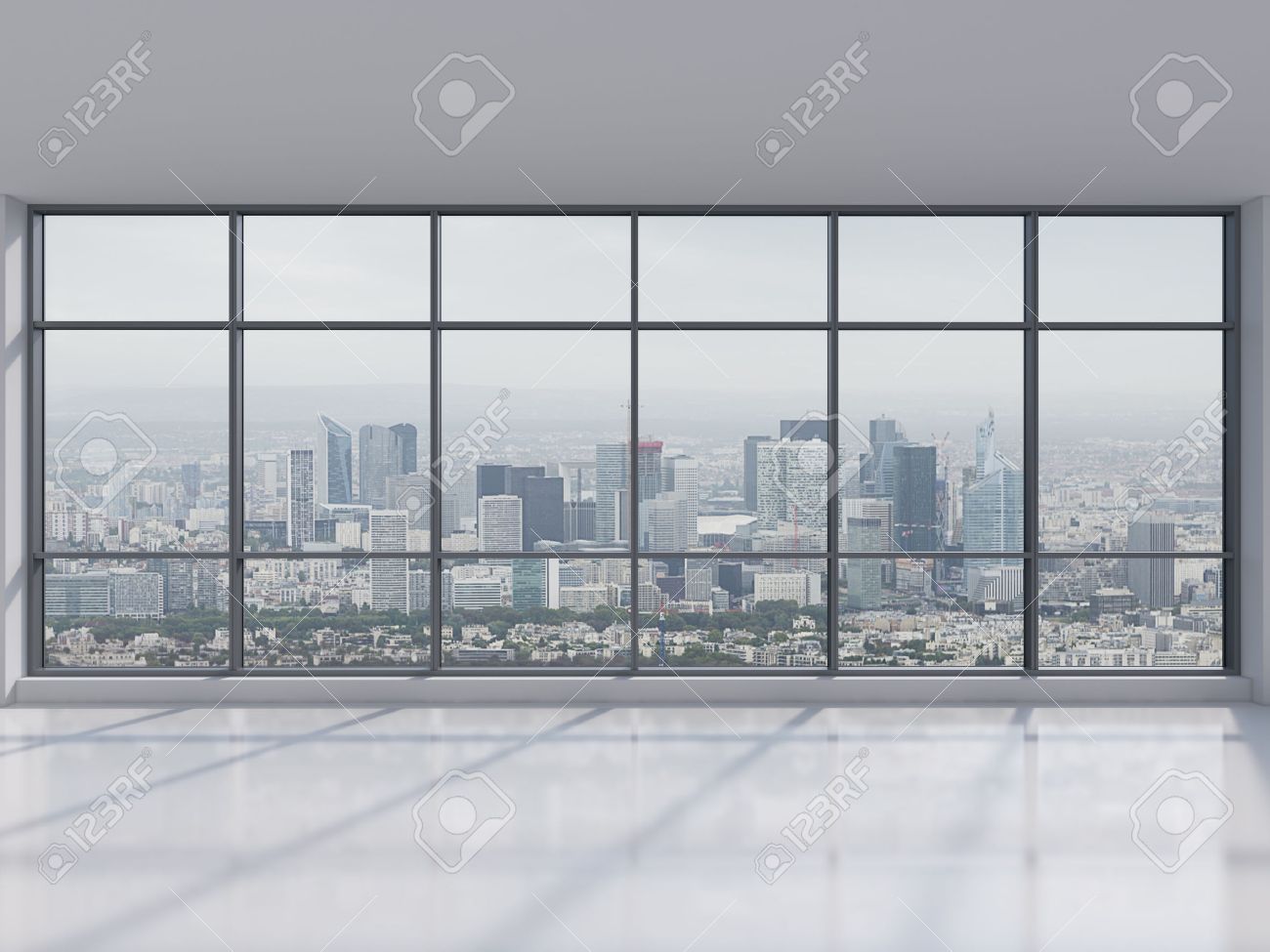 office with big window with view to city 3d render window office