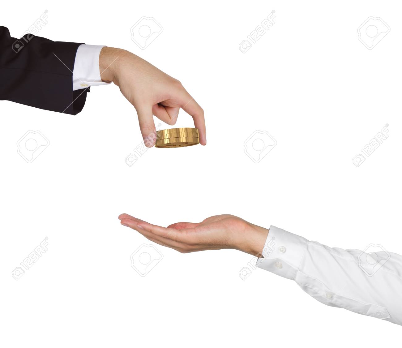 Hand Giving Gold Coins On White Background Stock Photo, Picture and Royalty  Free Image. Image 36592031.