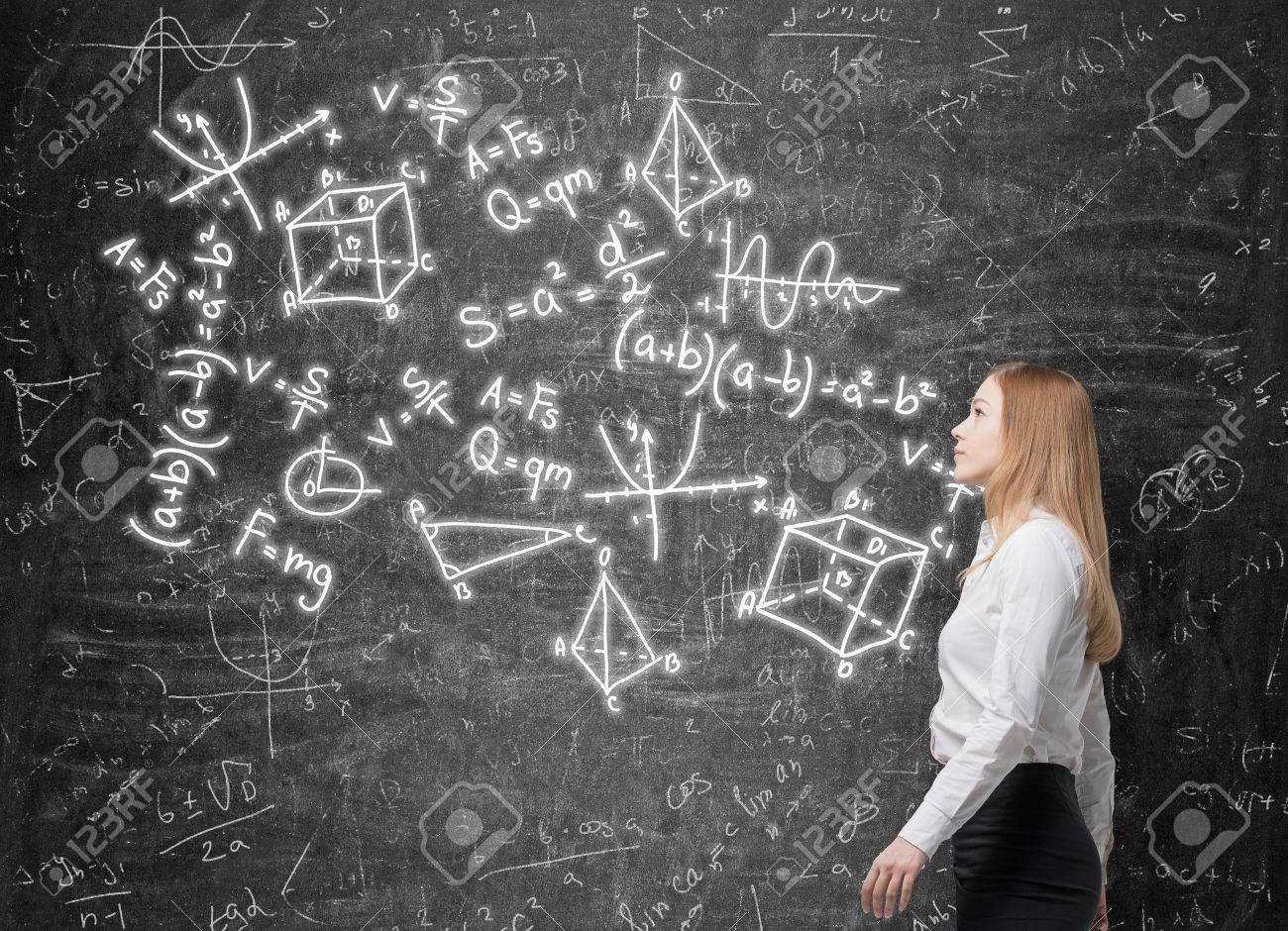 young lady is looking at the green chalkboard with math formulas chalkboard with math