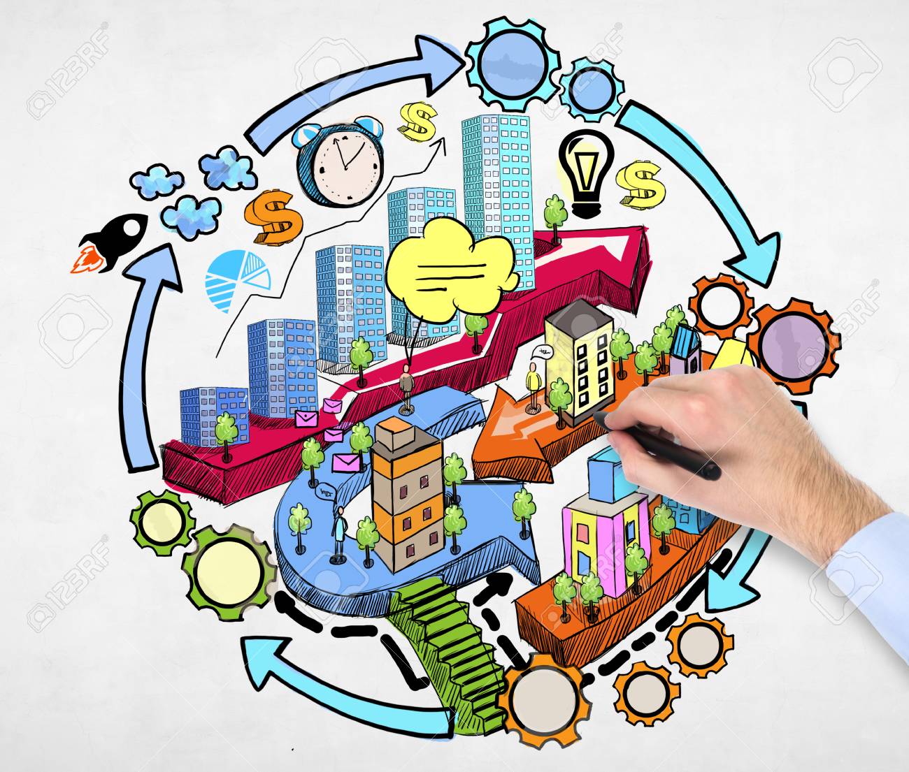 A businessman's hand is drawing a flowchart on the concrete wall with the colourful sketchs of city development concept. - 47629592 A businessman's hand is drawing a flowchart on the concrete wall with the colourful sketchs of city development concept. - 47629592