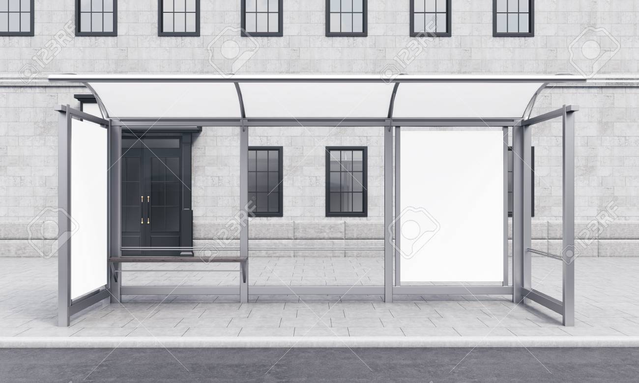 Ein Glas Und Metall Bus Mit Einer Kleinen Bank Und Platz Fur