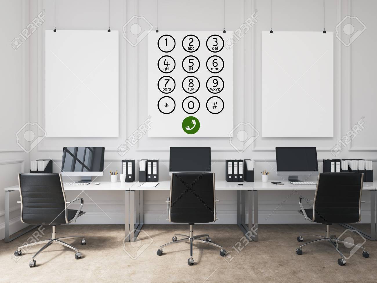 Open Space Office Computer Tables Phone Number Buttons On White