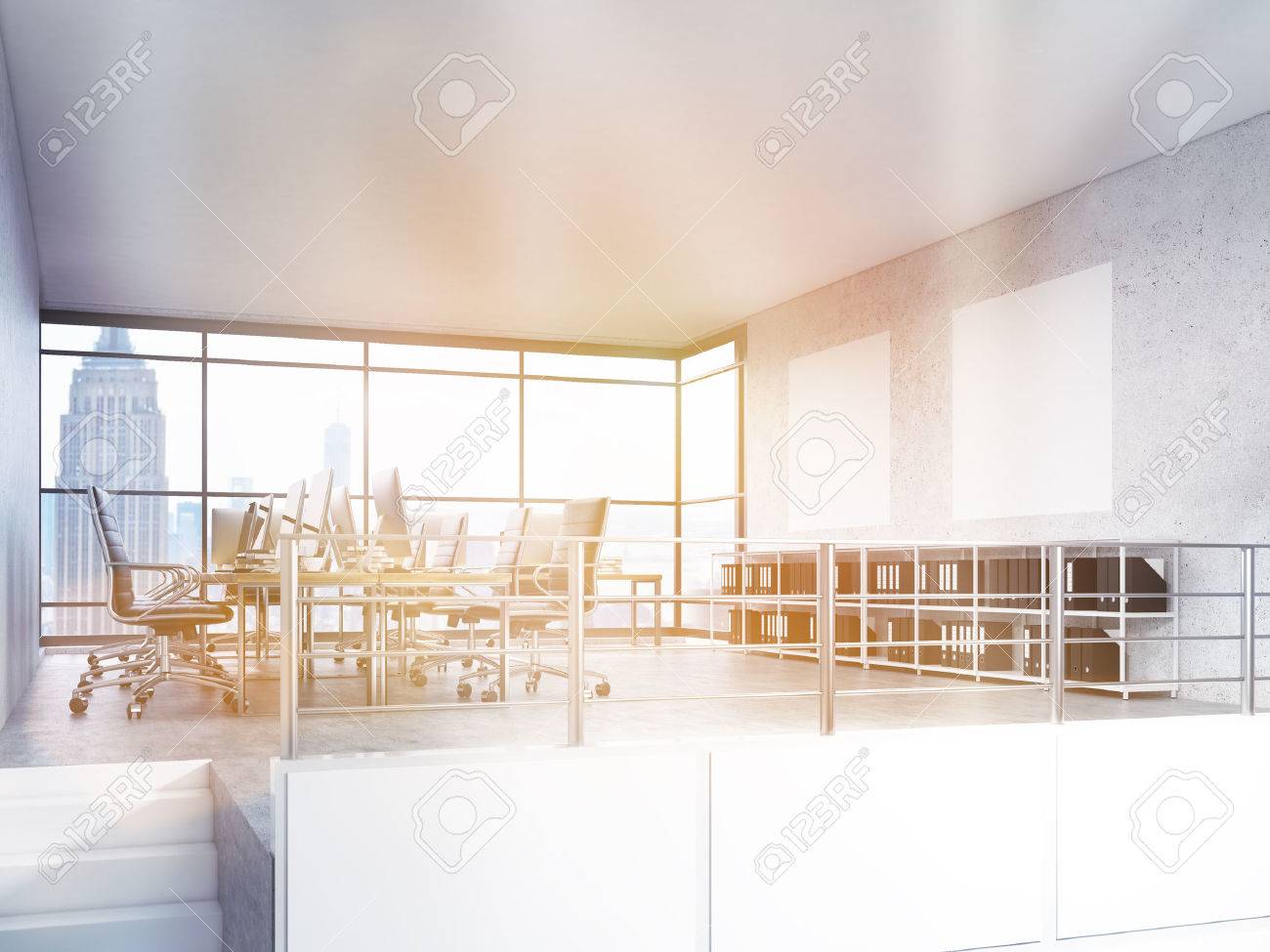 office interior design with new york city view 3d rendering stock