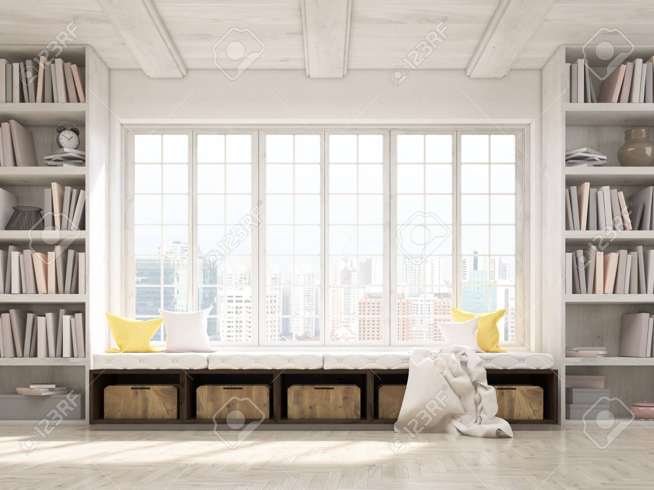 Design degli interni con sedile di windowsill, librerie e vista ... Design degli interni