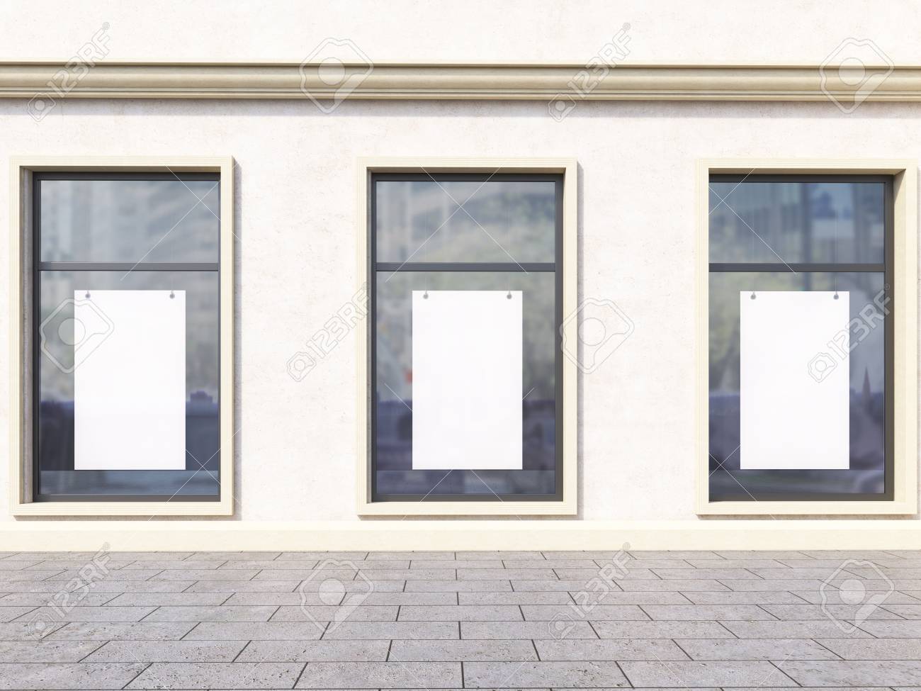 Front View Of Light Concrete Shop Exterior With Blank Posters On Windows Mock Up 3d Rendering Stock Photo Picture And Royalty Free Image Image 56638816