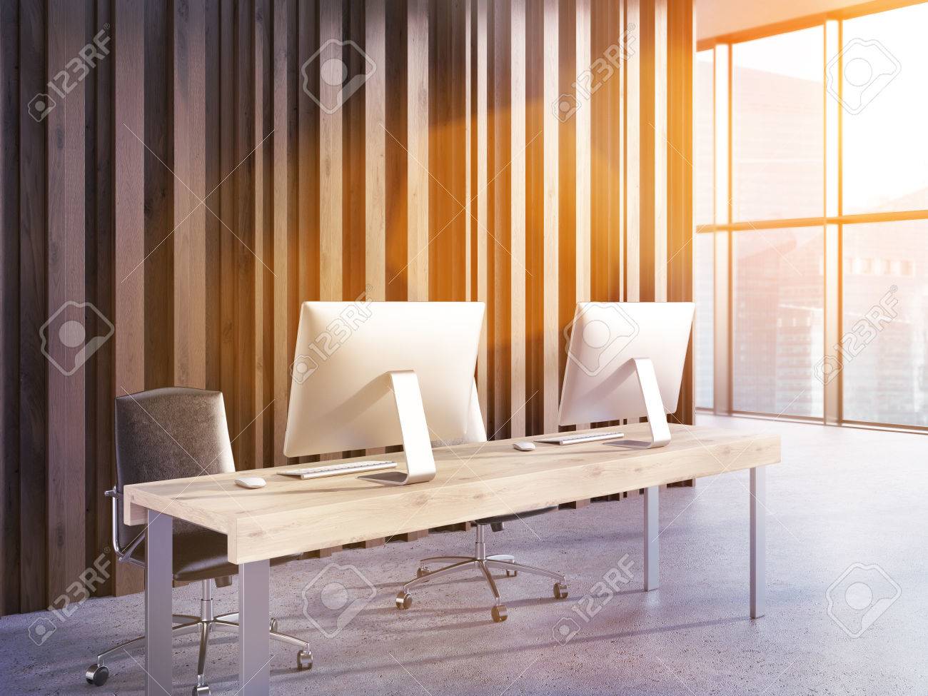 seitenansicht büro gesetzt rezeption seitenansicht des büro inter mit zwei computermonitore auf hölzernen schreibtisch wand betonboden des inter mit zwei auf seitenansicht büro gesetzt rezeption seitenansicht des büro inter mit zwei computermonitore auf hölzernen schreibtisch wand betonboden des inter mit zwei auf