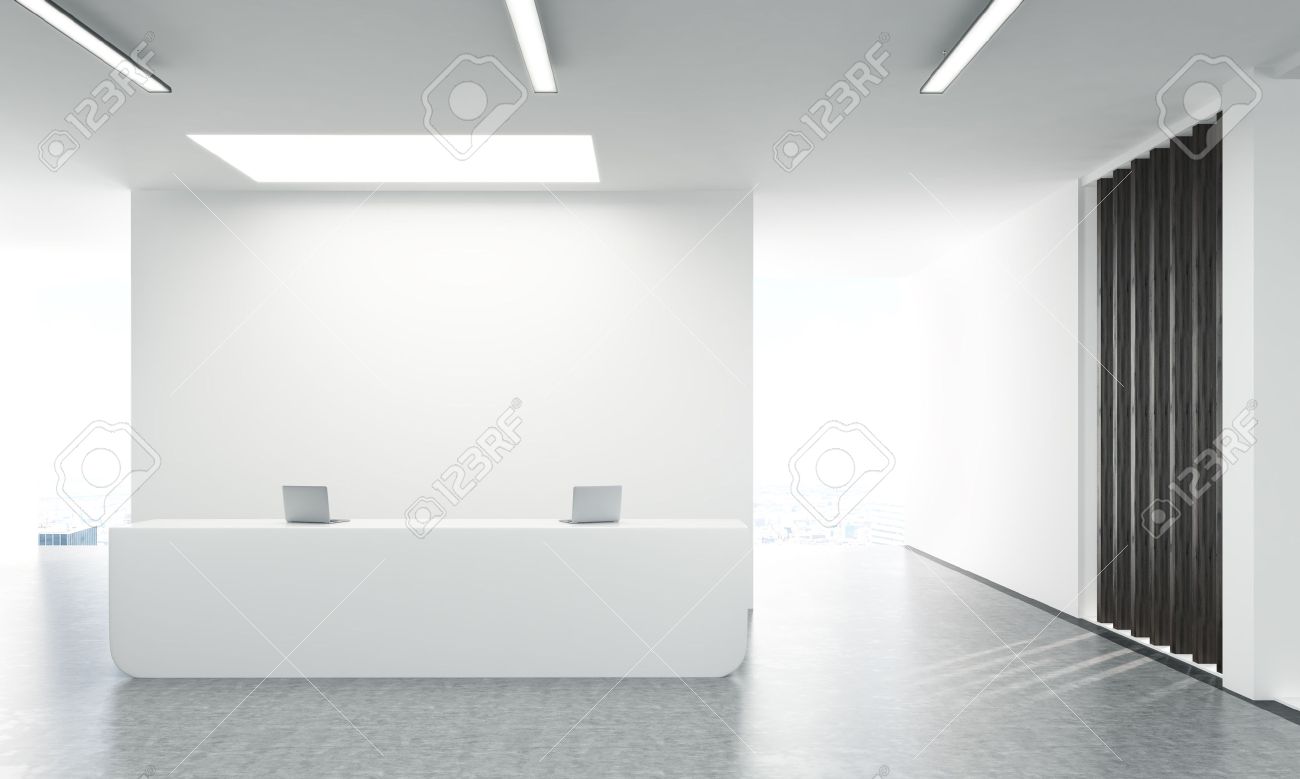 Front view of concrete office lobby with laptops on white reception stand and blank wall behind. 3D Rendering - 57793387 Front view of concrete office lobby with laptops on white reception stand and blank wall behind. 3D Rendering - 57793387