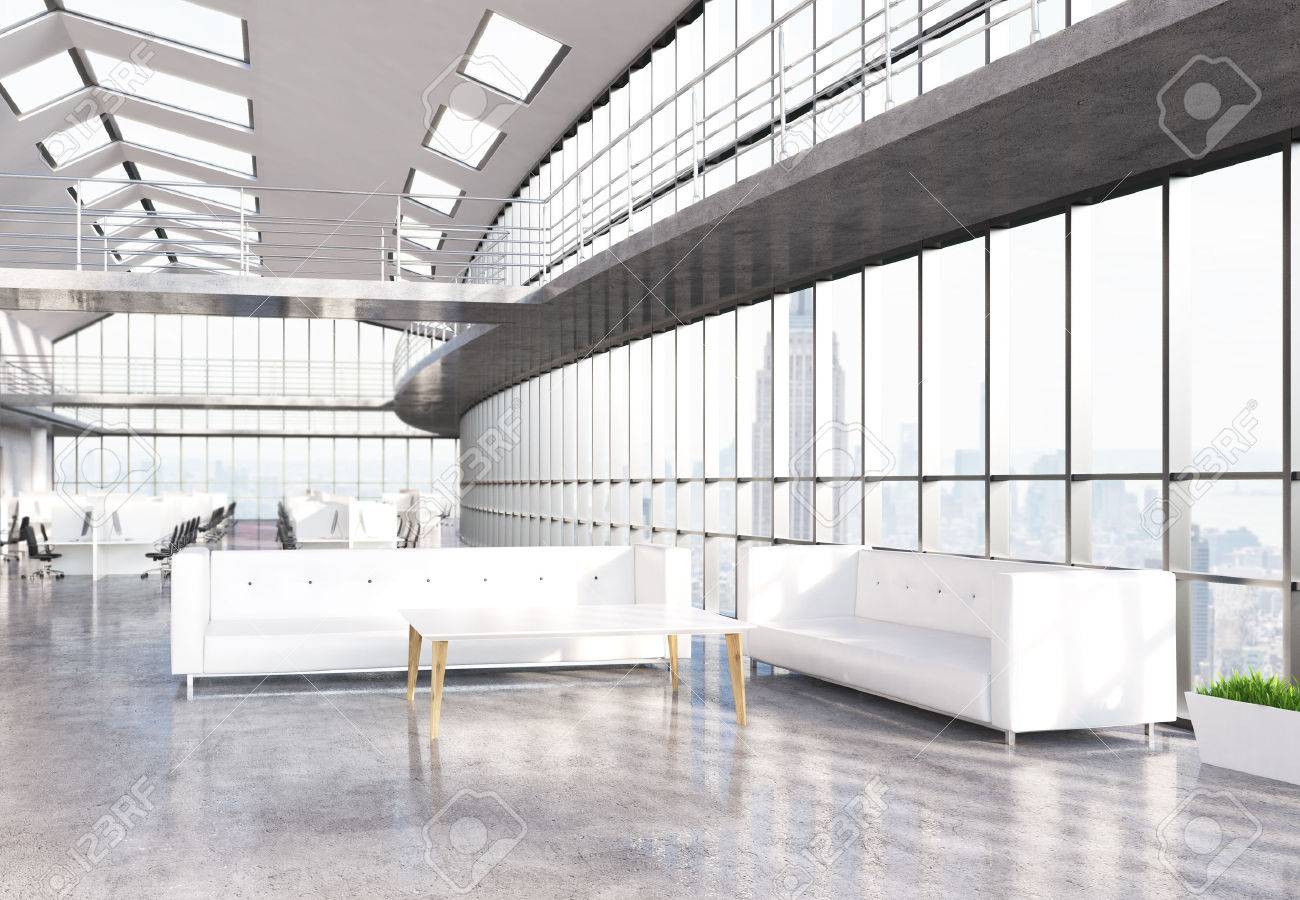 office lobby with two white sofas, coffee table and panoramic office lobby with two white sofas, coffee table and panoramic
