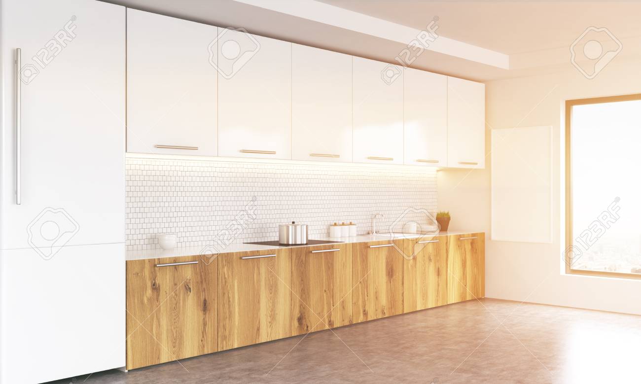Side View Of White And Wooden Kitchen Interior With Blank
