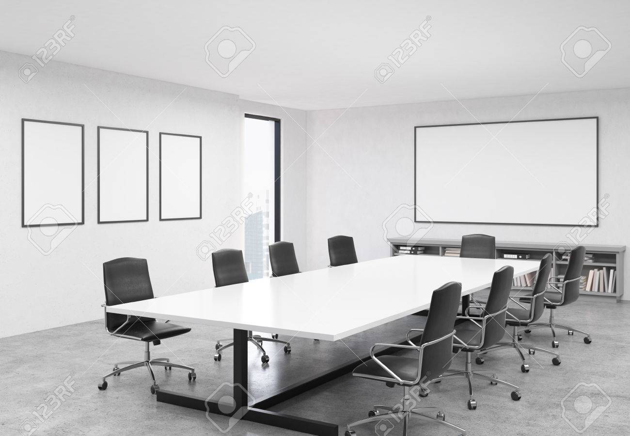 Concrete conference room interior with table, chairs, blank whiteboard,.. Concrete conference room interior with table, chairs, blank whiteboard,..