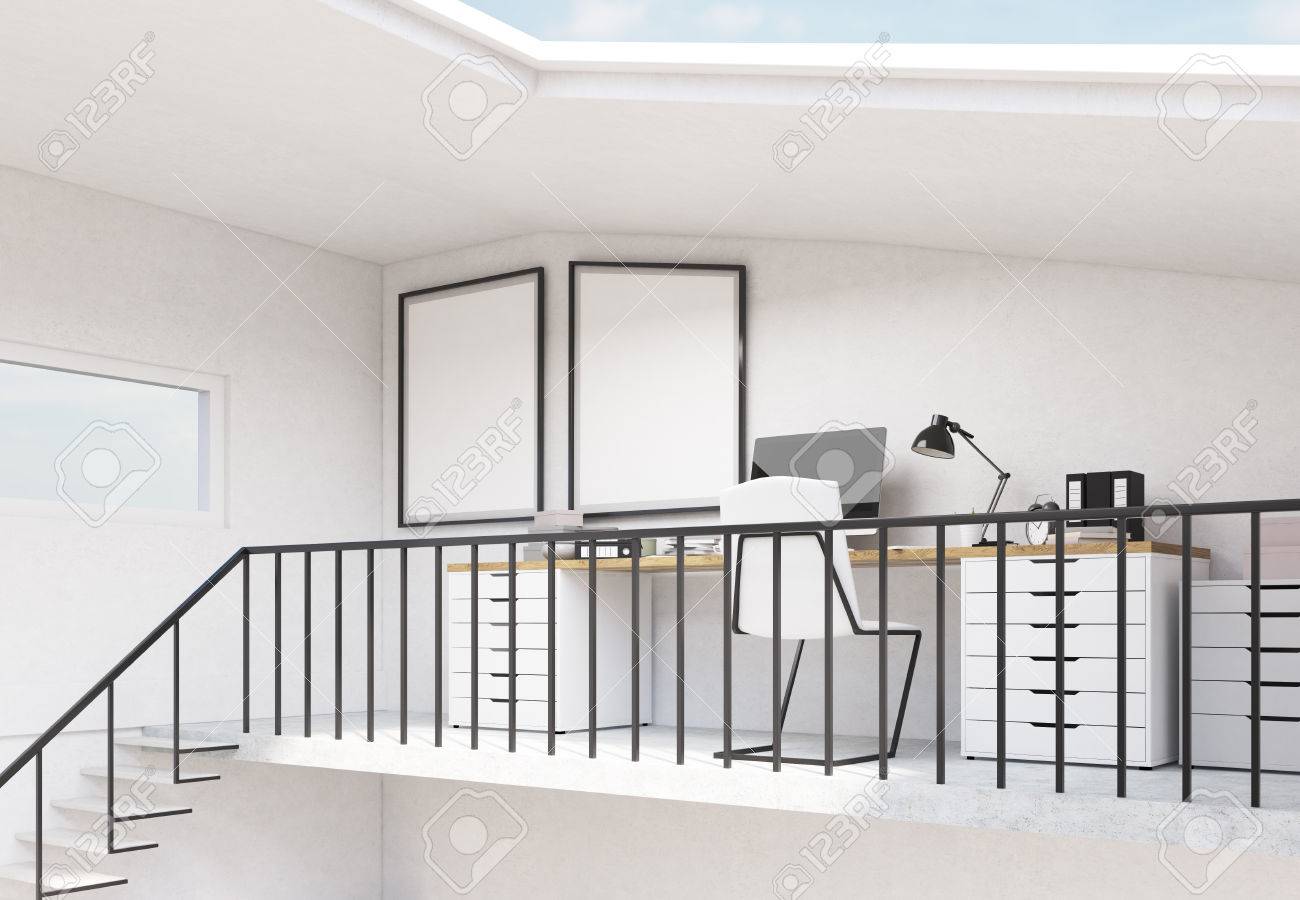 Loft Hipster Inter Mit Arbeitsplatz Gelander Treppen Und Leere Bilderrahmen Mock Up 3d Rendering Lizenzfreie Fotos Bilder Und Stock Fotografie Image