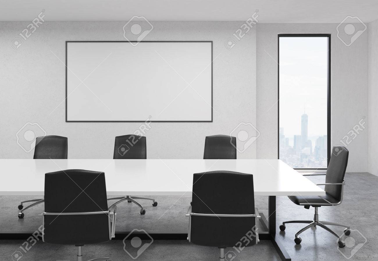 Side view of concrete conference room interior with blank whiteboard,.. Side view of concrete conference room interior with blank whiteboard,..