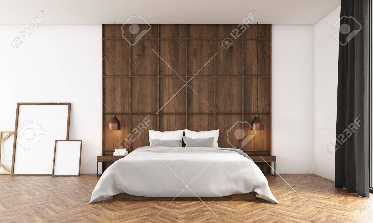 Bedroom With Big Window And Wooden Wall Posters Standing Near