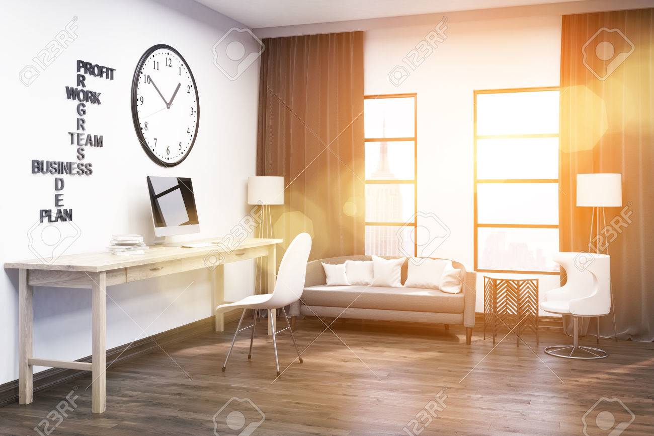 weißes home office design großes weiß computer auf schreibtisch aus holz grau sofa unter fenster große uhr weiße wand auf aus unter weißes home office design großes weiß computer auf schreibtisch aus holz grau sofa unter fenster große uhr weiße wand auf aus unter