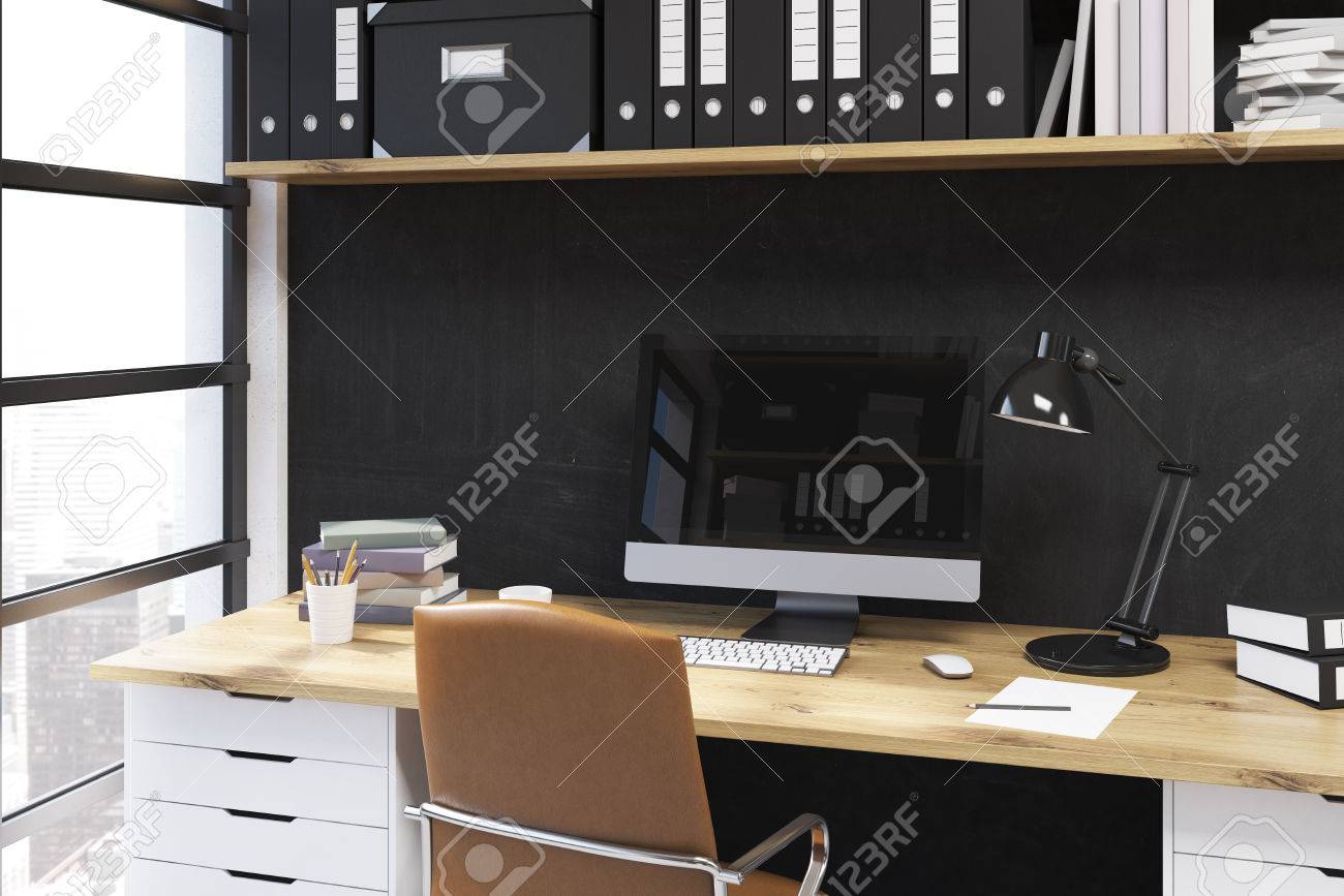 Modern Working Place In Office. Desk With Lamp And Computer On - Modern Working Place In Office. Desk With Lamp And Computer On