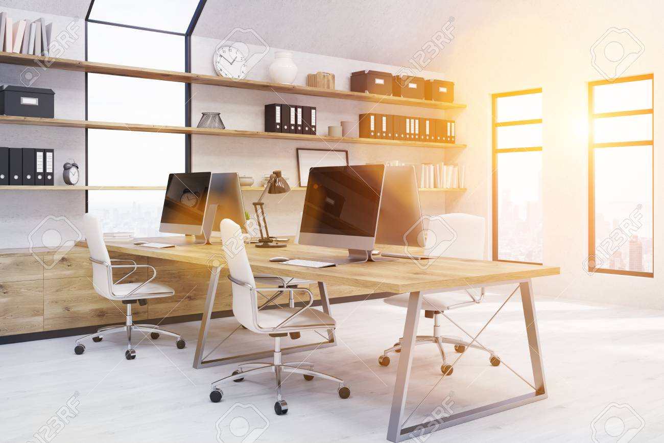Modern Office In New York. Workstations On Desk, Binders And Boxes Shelves. P modern office workstations. Modern Office In New York. Workstations On Desk, Binders And Boxes Shelves. P