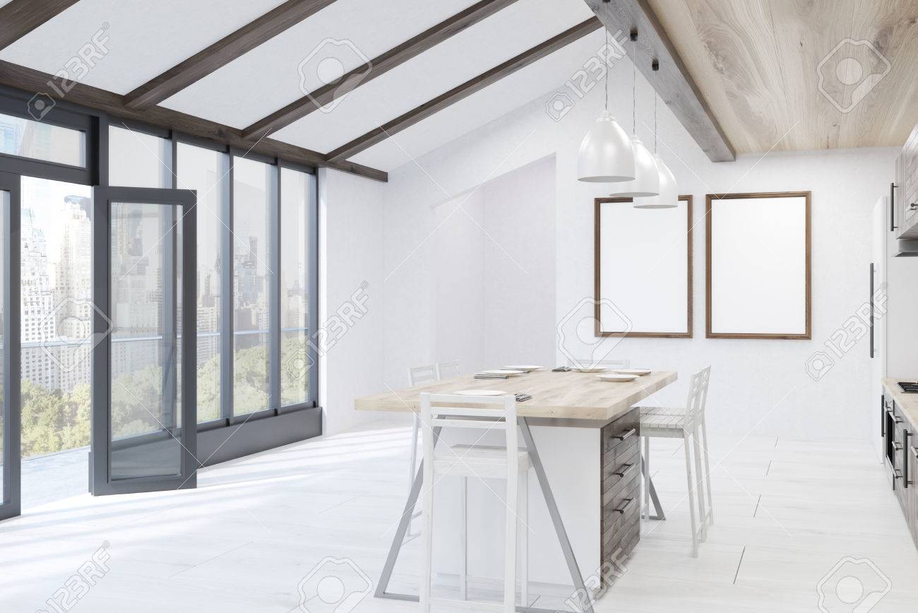 Interior De La Cocina Moderna Con Mesa De Comedor, Balcón Y Carteles ... Interior De La Cocina Moderna Con Mesa De Comedor, Balcón Y Carteles ...