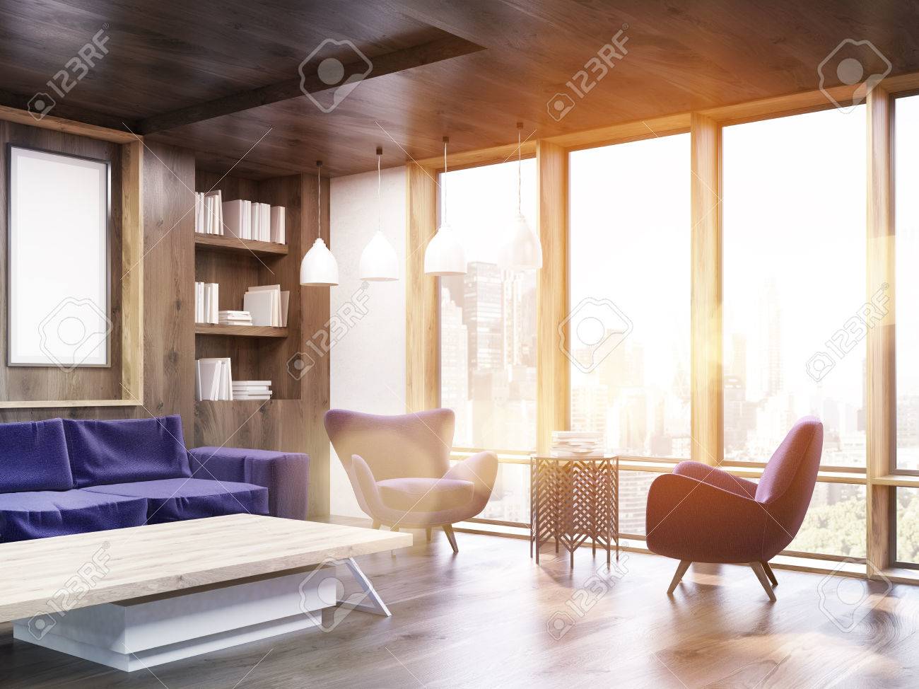 Appartement De New York Avec Un Canape Violet Une Table Basse Deux Fauteuils Et Une Affiche Bibliotheque Dans Le Coin Concept De Maison