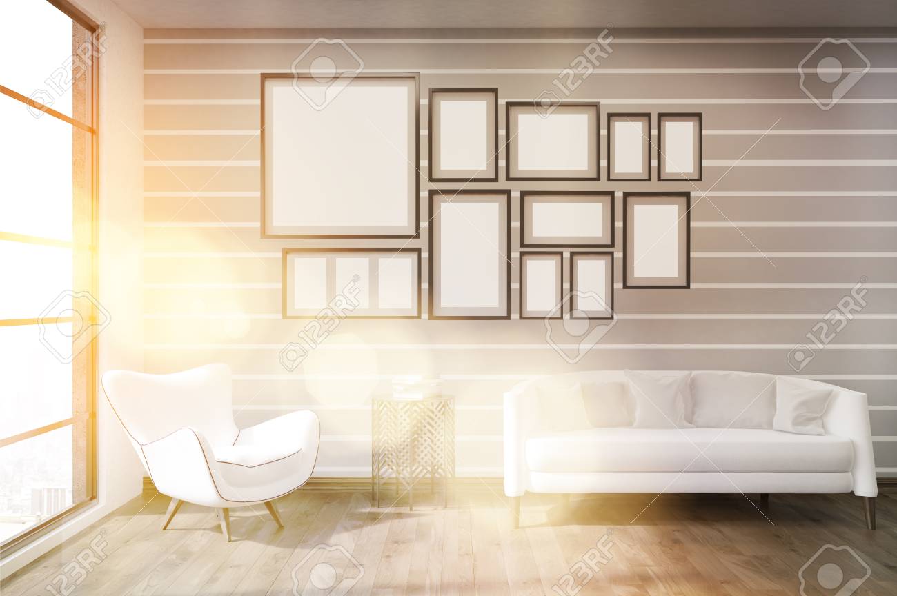 壁 大きなソファと快適な肘掛け椅子の画廊と都会のモダンなリビング ルーム おしゃれな部屋のインテリアのコンセプトです 3 D レンダリング モックアップ トーンのイメージ の写真素材 画像素材 Image